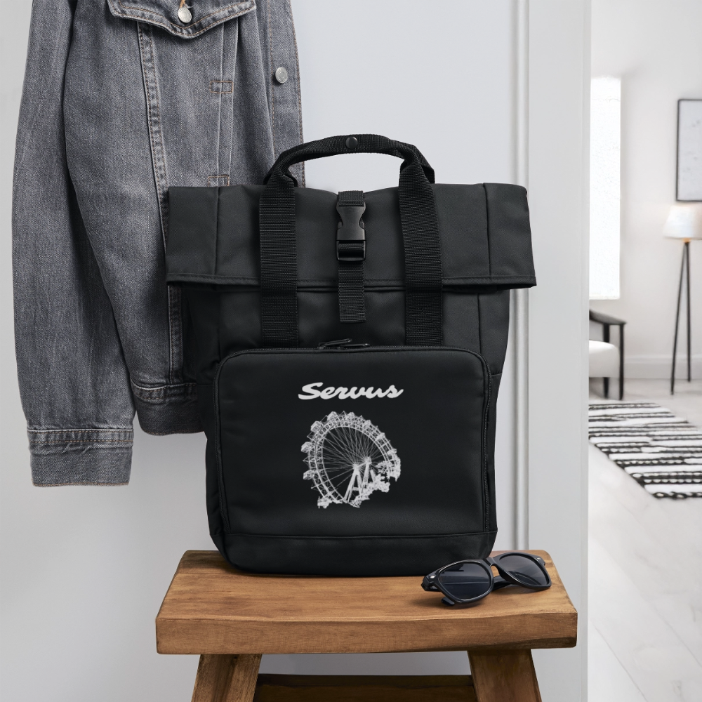 Servus (dt. Hallo) & Wiener Riesenrad in weiß, Rucksack mit Tragerl (dt. Griffen zum Tragen) - Schwarz