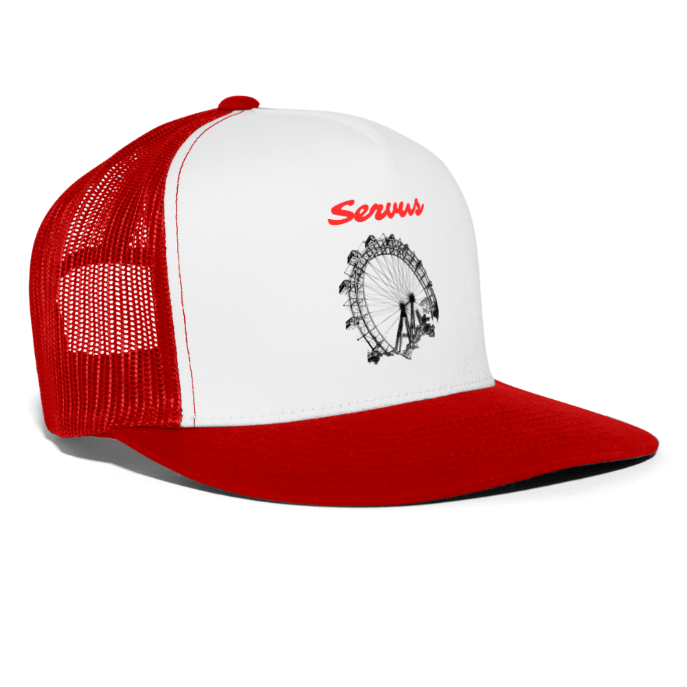 Servus (dt. Hallo) in rot & Wiener Riesenrad in schwarz, Trucker Cap/ Kapperl - Weiß/Rot