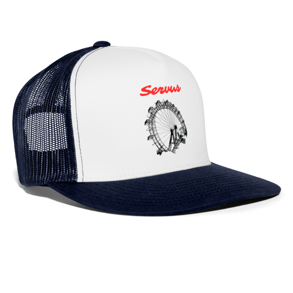 Servus (dt. Hallo) in rot & Wiener Riesenrad in schwarz, Trucker Cap/ Kapperl - Weiß/Navy