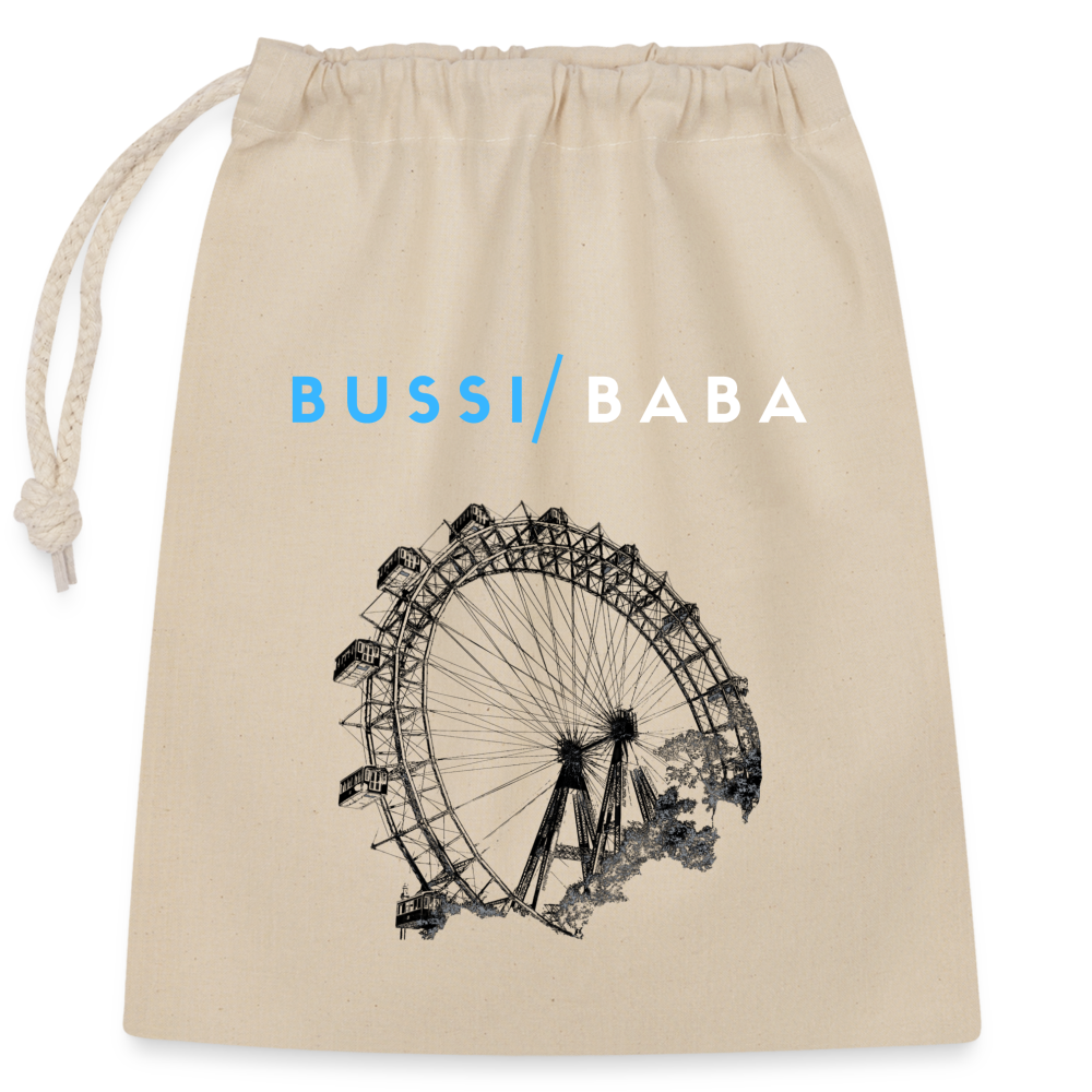 Bussi Baba hellblau - Wiener Riesenrad in schwarz, Verschließbares Geschenksackerl (dt. Geschenkbeutel) aus Baumwolle (25x30cm) - Natur