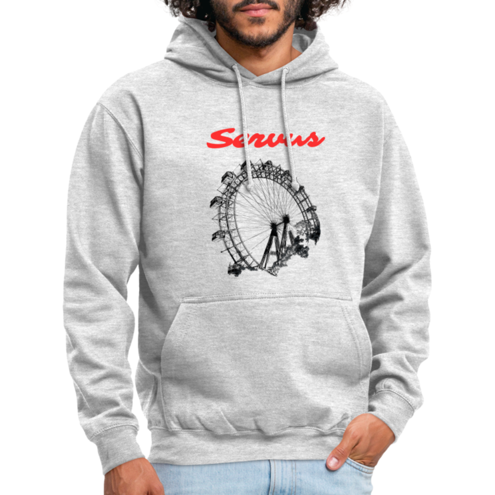 Servus (dt. Hallo) in rot & Wiener Riesenrad in schwarz, Hoodie/ Kapuzenpulli - Hellgrau meliert