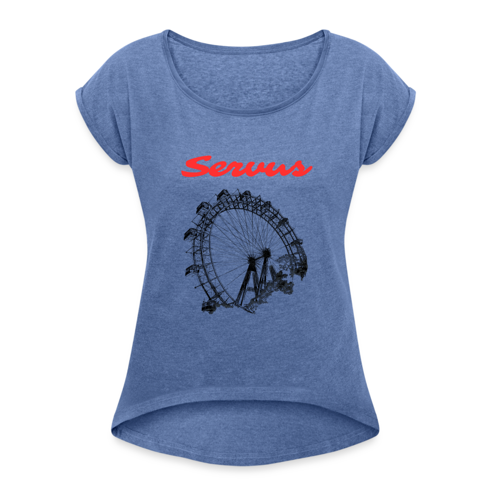 Servus (dt. Hallo) in rot & Wiener Riesenrad in schwarz, Locker sitzendes Frauen T-Shirt - Denim meliert