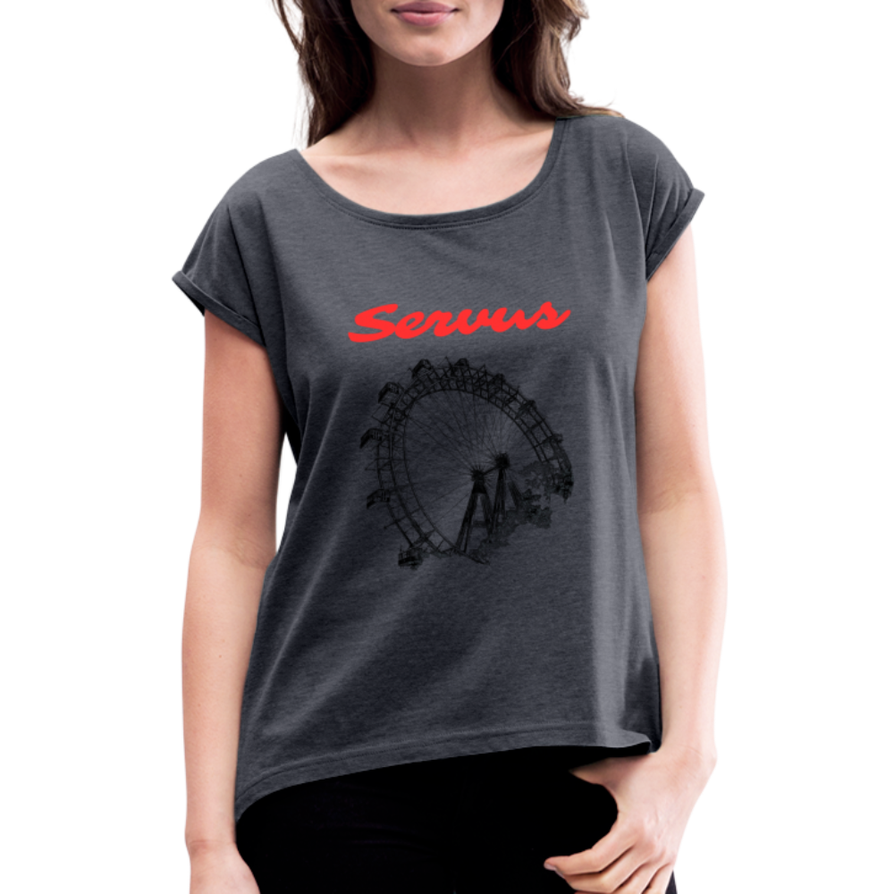 Servus (dt. Hallo) in rot & Wiener Riesenrad in schwarz, Locker sitzendes Frauen T-Shirt - Navy meliert
