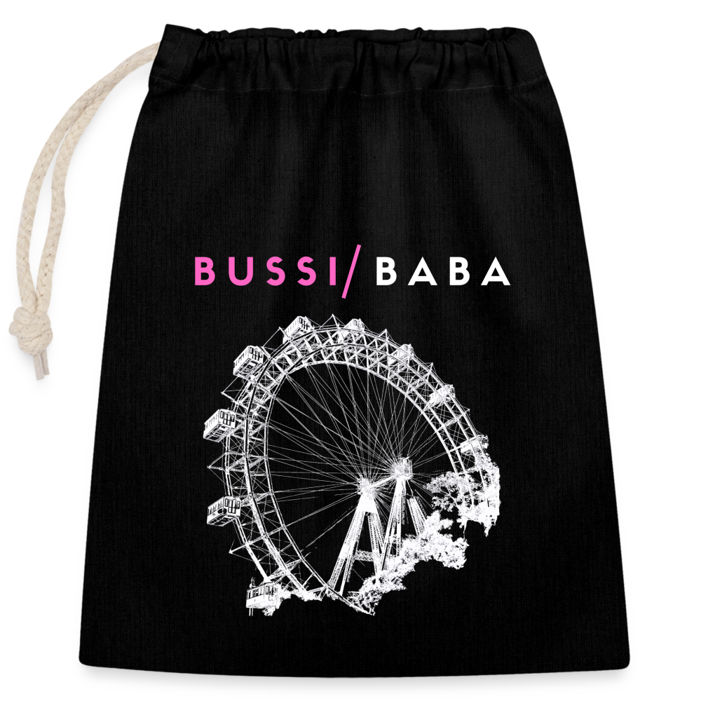 Bussi Baba pink - Wiener Riesenrad in weiß, Verschließbares Geschenksackerl (dt. Geschenkbeutel) aus Baumwolle (25x30cm) - Schwarz