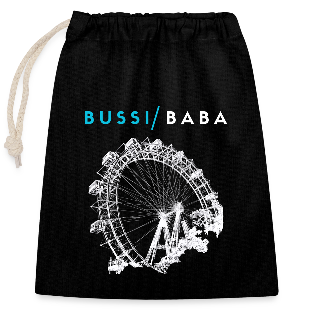 Bussi Baba aquablau - Wiener Riesenrad in weiß, Verschließbares Geschenksackerl (dt. Geschenkbeutel) aus Baumwolle (25x30cm) - Schwarz