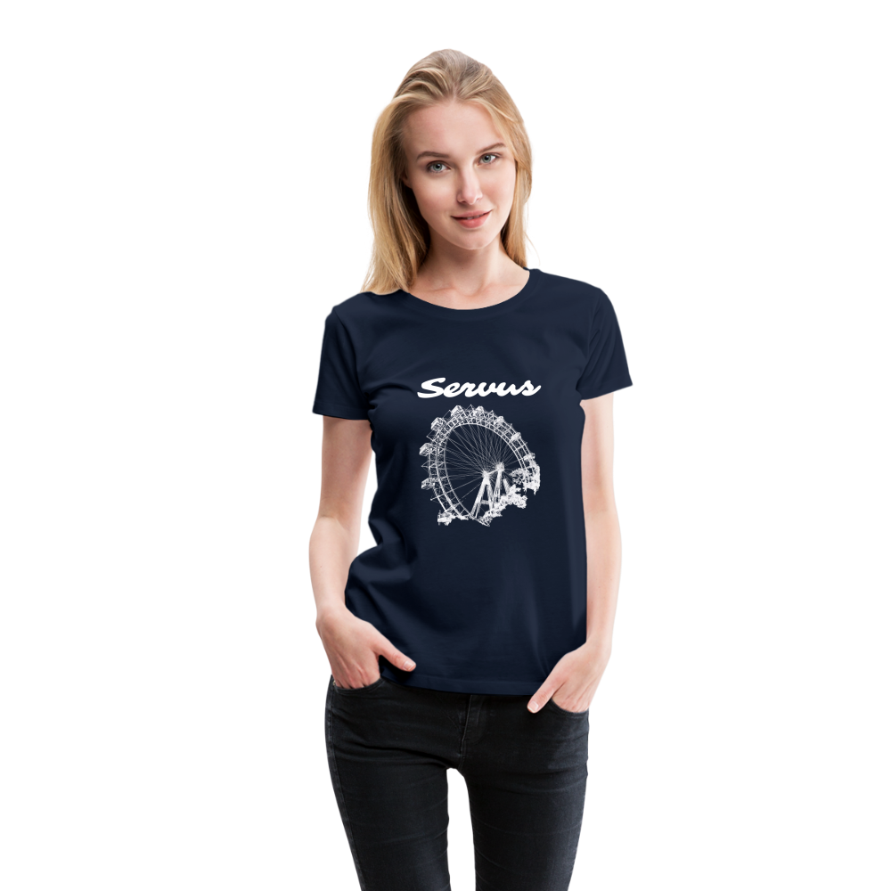 Servus (dt. Hallo) und Wiener Riesenrad in weiß, Frauen Premium T-Shirt - Navy