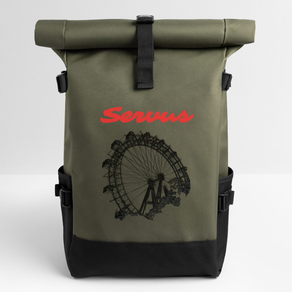 Servus (dt. Hallo) in rot & Wiener Riesenrad in schwarz, Rucksack - Olive/Schwarz