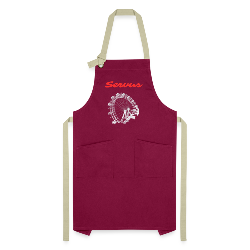 Servus - Wiener Riesenrad in weiß, Schürze - Burgunderrot / Sandfarben