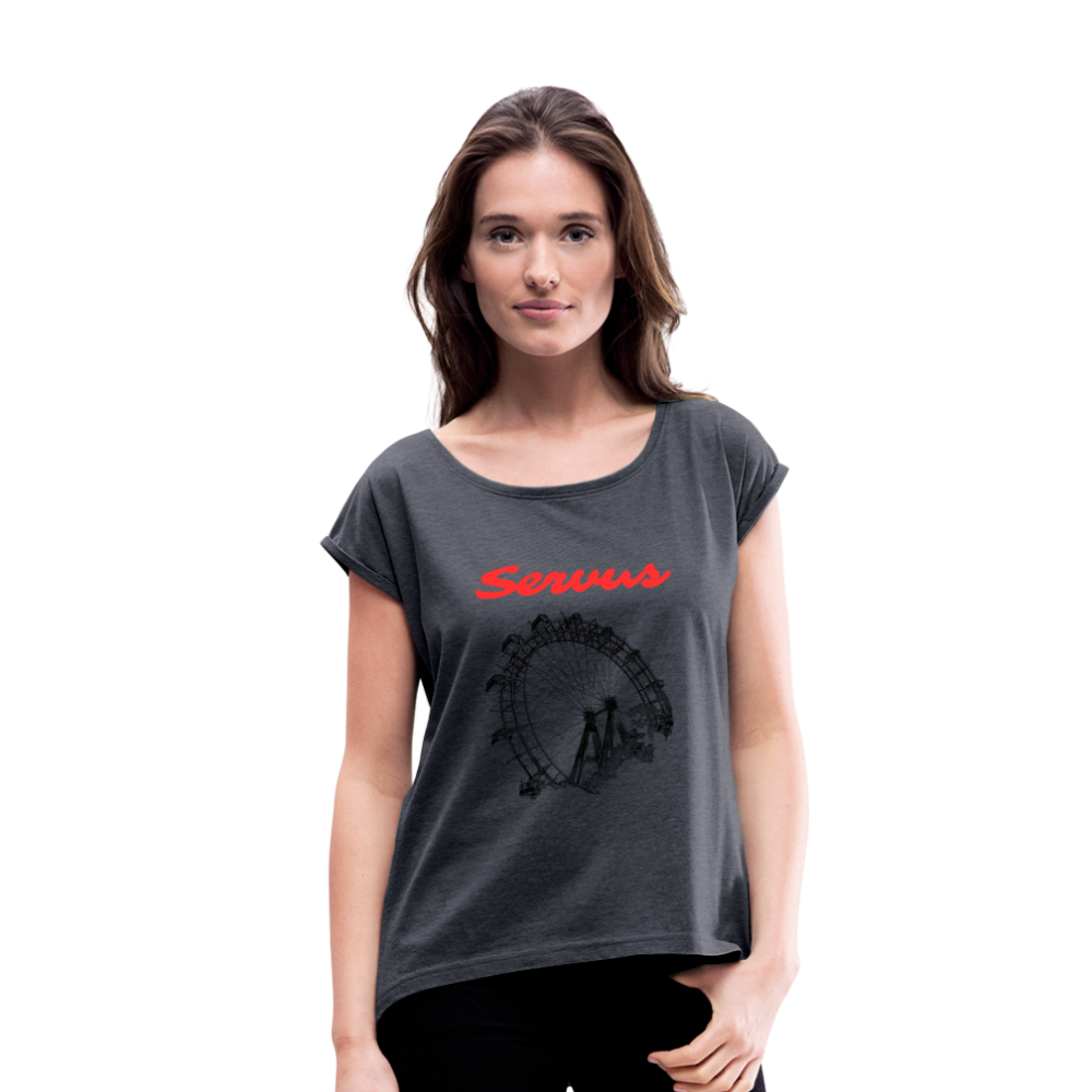 Servus (dt. Hallo) in rot & Wiener Riesenrad in schwarz, Locker sitzendes Frauen T-Shirt - Navy meliert