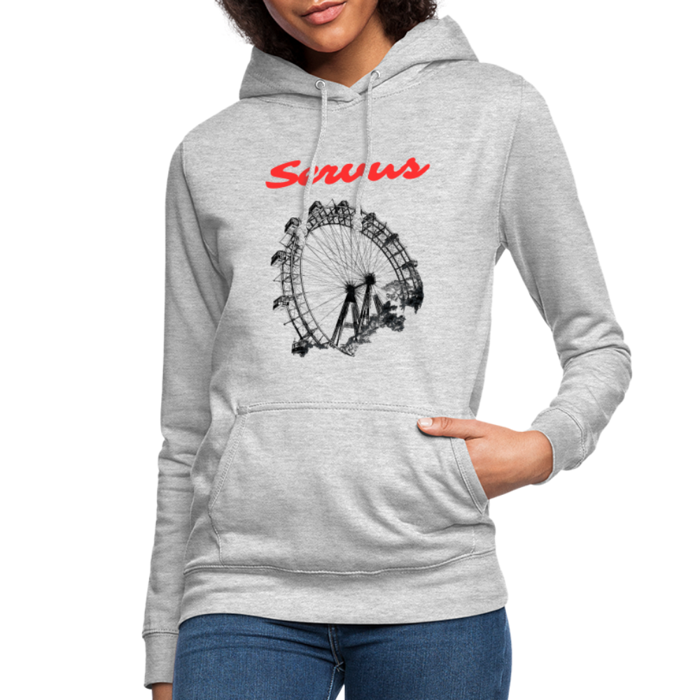 Servus (dt. Hallo) in rot & Wiener Riesenrad in schwarz, Taillierter Frauen Hoodie/ Kapuzenpullover - Hellgrau meliert