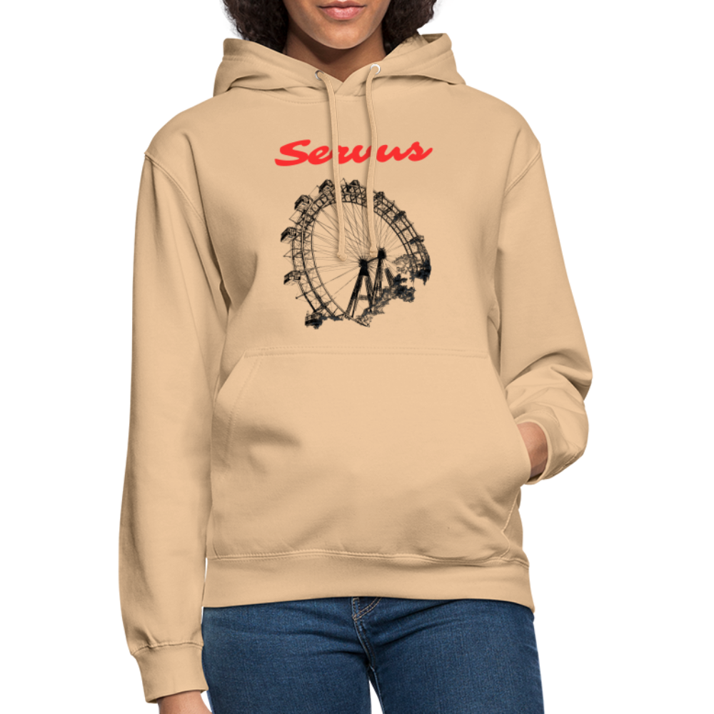 Servus (dt. Hallo) in rot & Wiener Riesenrad in schwarz, Hoodie/ Kapuzenpulli - Pfirsich