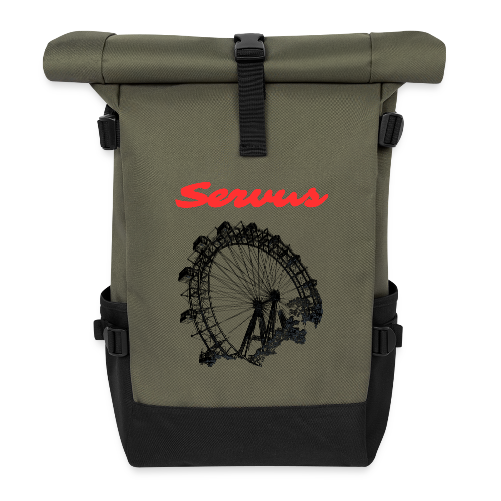 Servus (dt. Hallo) in rot & Wiener Riesenrad in schwarz, Rucksack - Olive/Schwarz