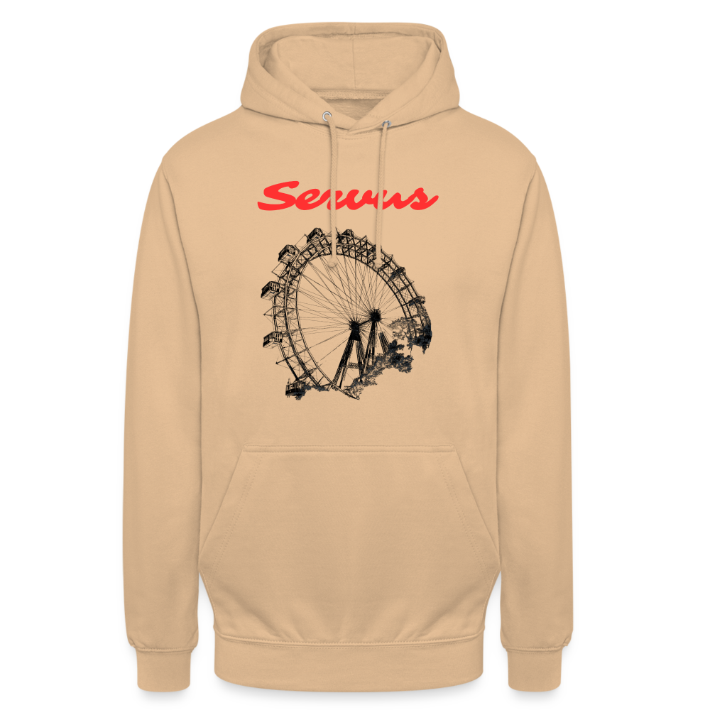 Servus (dt. Hallo) in rot & Wiener Riesenrad in schwarz, Hoodie/ Kapuzenpulli - Pfirsich