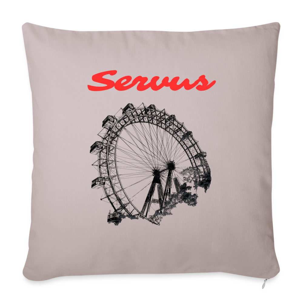 Servus (dt. Hallo) in rot & Wiener Riesenrad in schwarz, Polster (dt. Kissen) 45 x 45 cm - helles Taupe