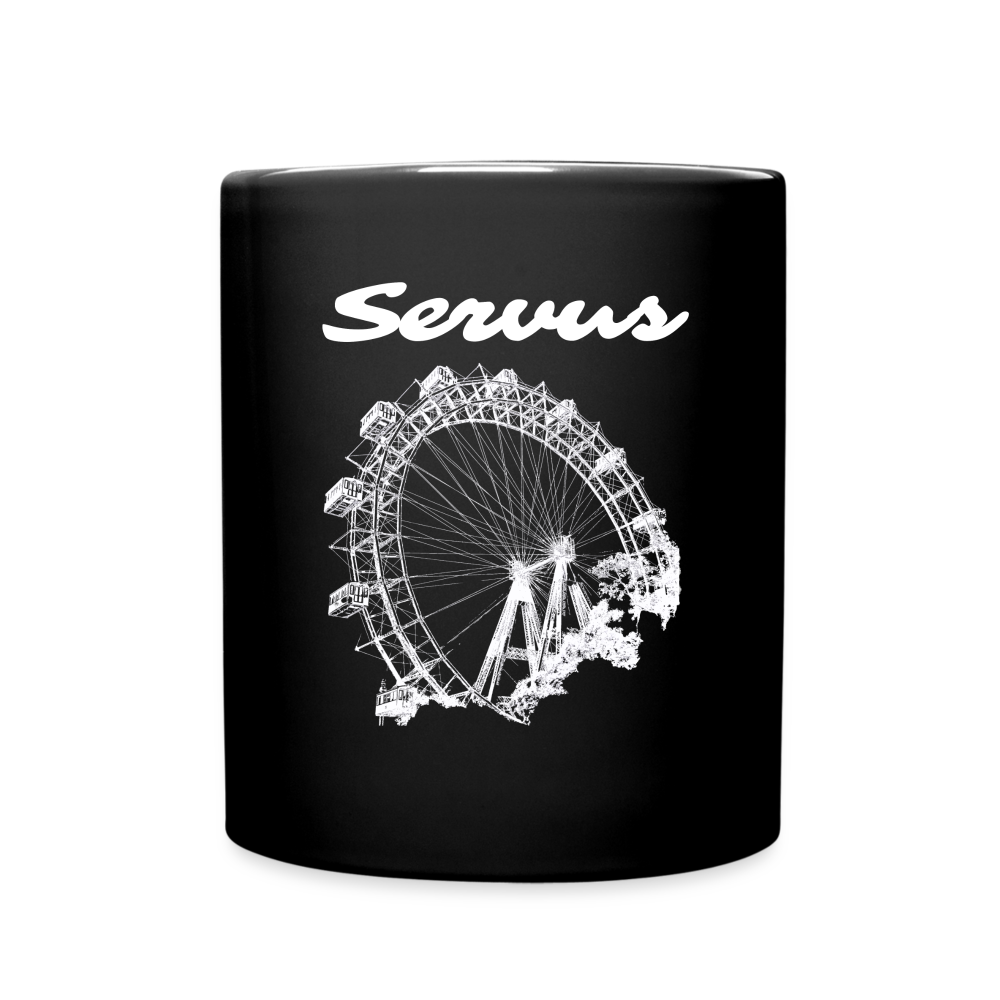Servus (dt. Hallo) und Wiener Riesenrad in weiß, Häferl (dt. Tasse) schwarz - Schwarz