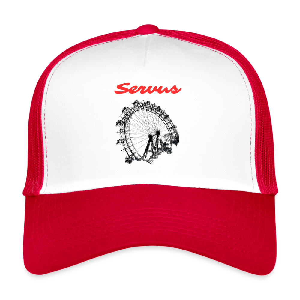 Servus (dt. Hallo) in rot & Wiener Riesenrad in schwarz, Trucker Cap/ Kapperl - Weiß/Rot