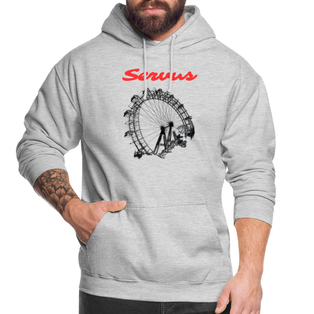 Servus (dt. Hallo) in rot & Wiener Riesenrad in schwarz, Hoodie/ Kapuzenpulli - Hellgrau meliert
