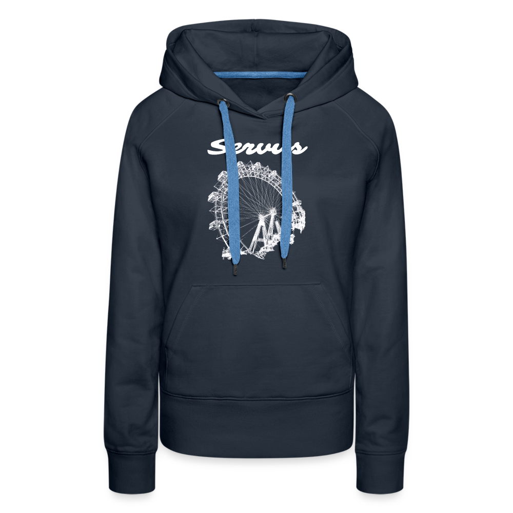 Servus (dt. Hallo) und Wiener Riesenrad in weiß, Frauen Premium Hoodie - Navy