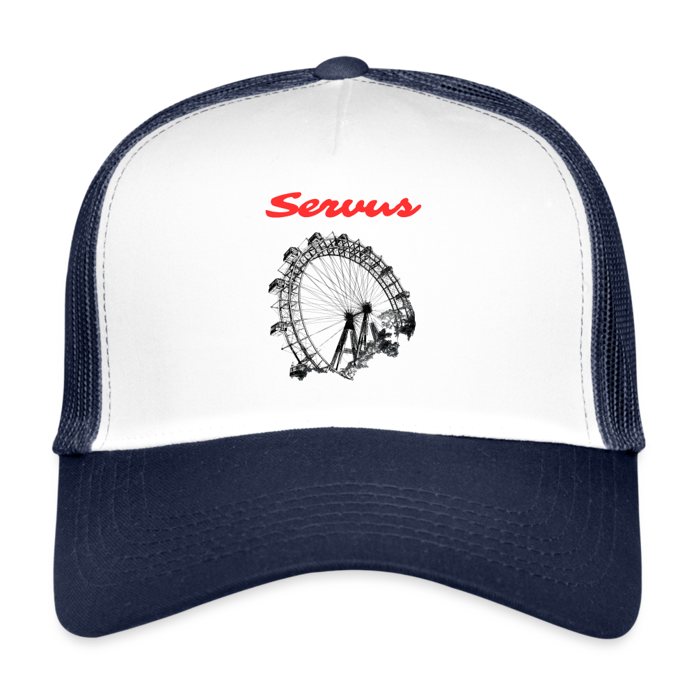 Servus (dt. Hallo) in rot & Wiener Riesenrad in schwarz, Trucker Cap/ Kapperl - Weiß/Navy