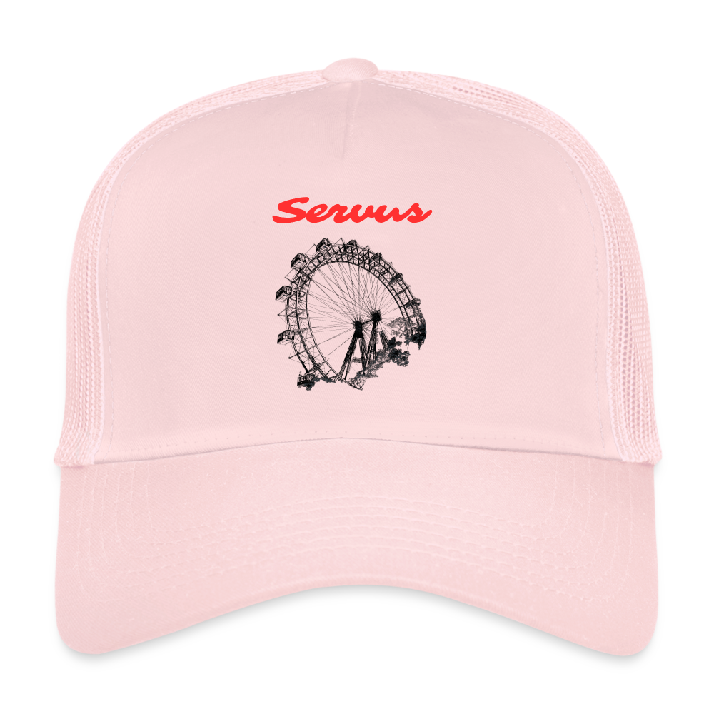 Servus (dt. Hallo) in rot & Wiener Riesenrad in schwarz, Trucker Cap/ Kapperl - Hellrosa