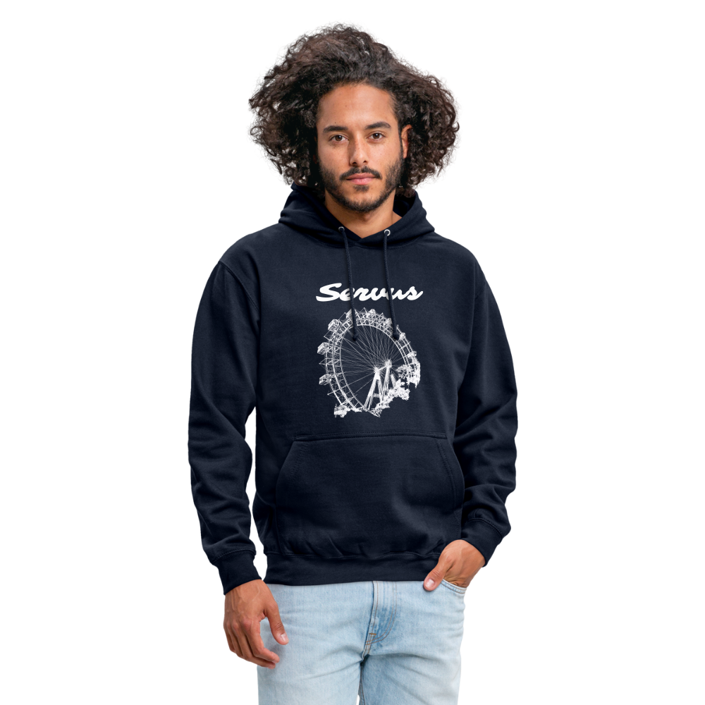 Servus (dt. Hallo) und Wiener Riesenrad in weiß, Hoodie - Navy