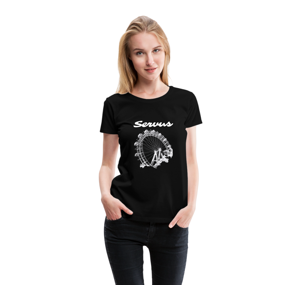 Servus (dt. Hallo) und Wiener Riesenrad in weiß, Frauen Premium T-Shirt - Schwarz