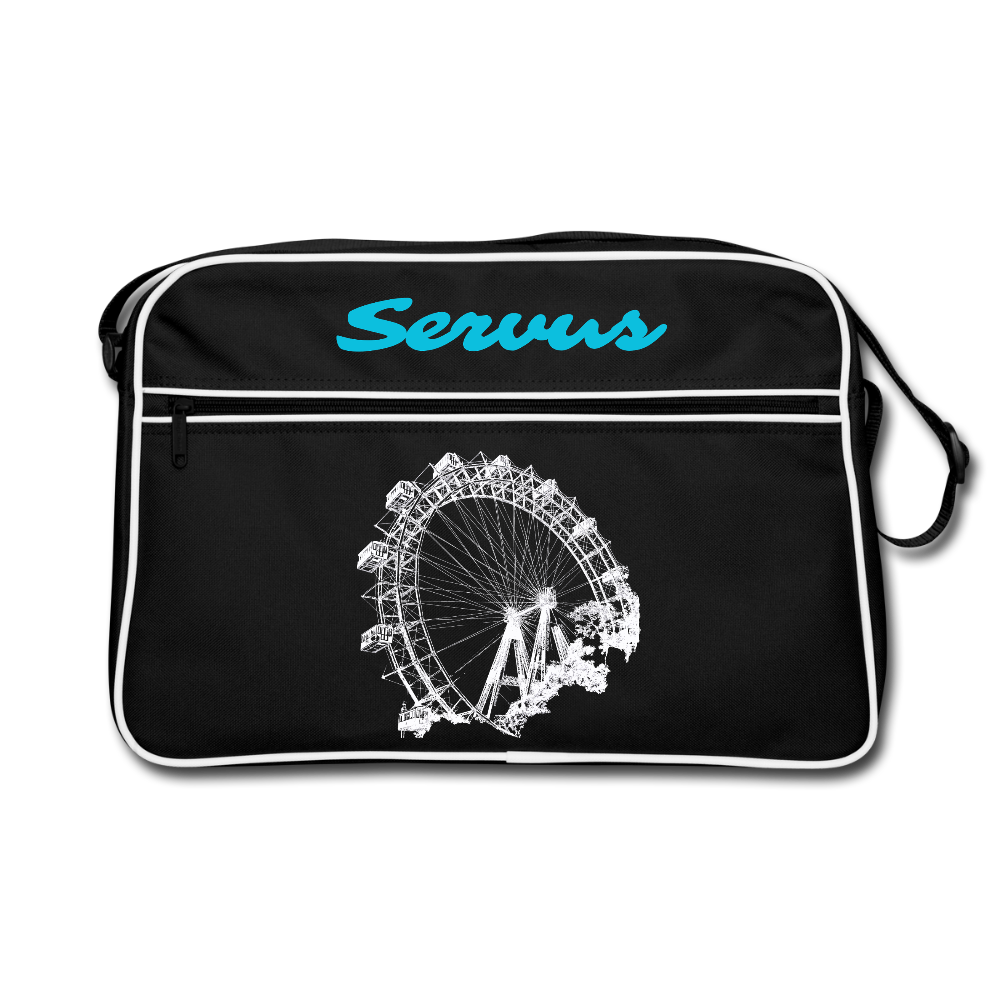 Servus in aquablau & Wiener Riesenrad in weiß, Retro Tasche - Schwarz/Weiß