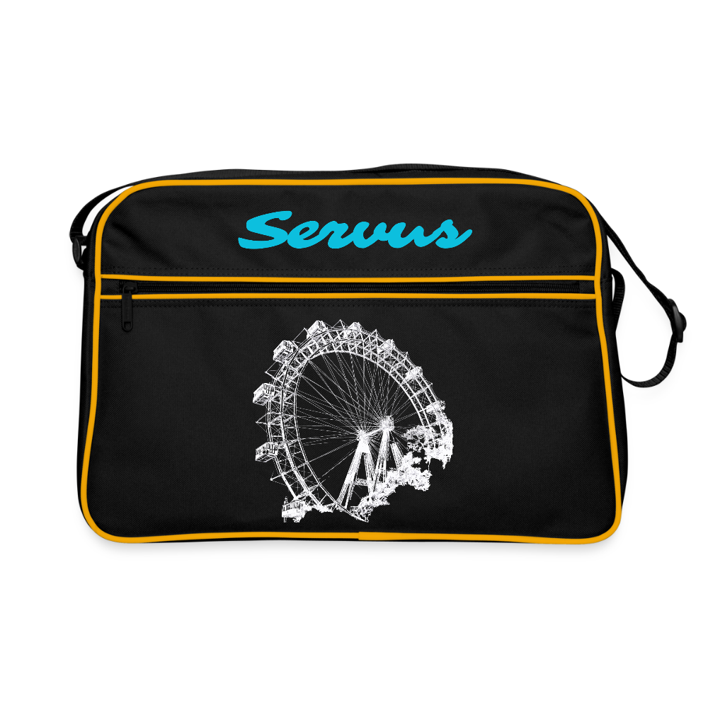 Servus in aquablau & Wiener Riesenrad in weiß, Retro Tasche - Schwarz/Gold
