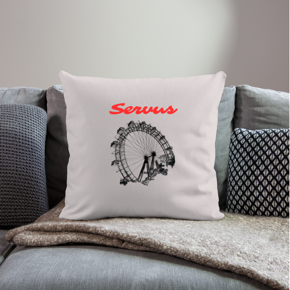 Servus (dt. Hallo) in rot & Wiener Riesenrad in schwarz, Polster (dt. Kissen) 45 x 45 cm - helles Taupe