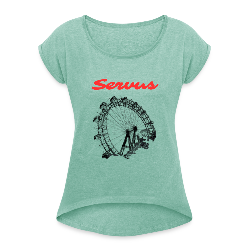 Servus (dt. Hallo) in rot & Wiener Riesenrad in schwarz, Locker sitzendes Frauen T-Shirt - Minze meliert
