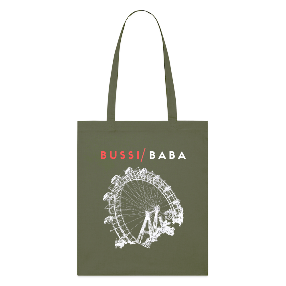 Bussi Baba korallenrot - Wiener Riesenrad in weiß, Stanley/Stella Bio-Stoffsackerl - Khaki