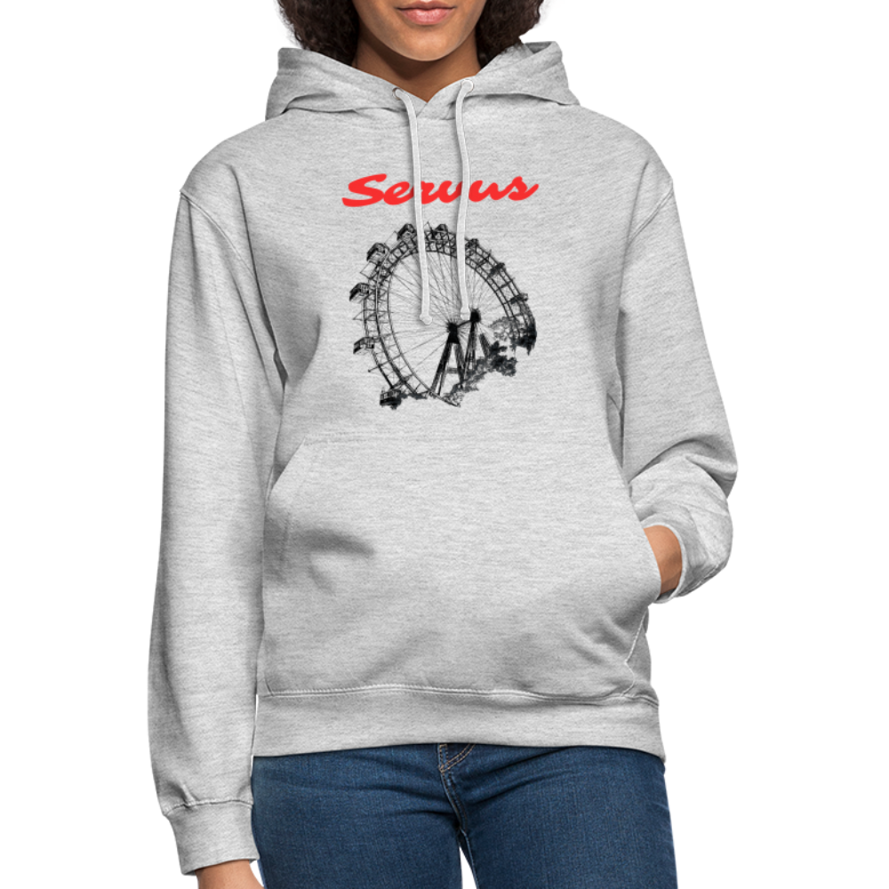 Servus (dt. Hallo) in rot & Wiener Riesenrad in schwarz, Hoodie/ Kapuzenpulli - Hellgrau meliert
