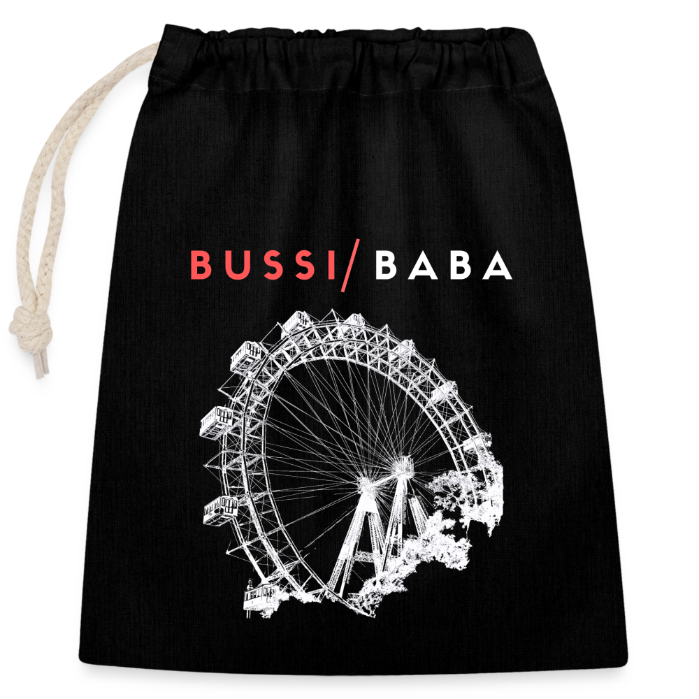 Bussi Baba korallenrot - Wiener Riesenrad in weiß, Verschließbares Geschenksackerl (dt. Geschenkbeutel) aus Baumwolle (25x30cm) - Schwarz