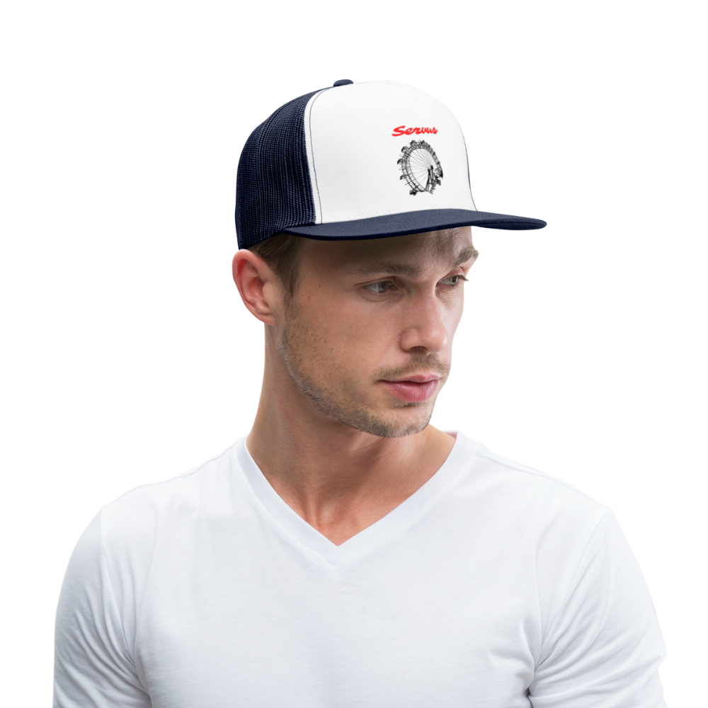 Servus (dt. Hallo) in rot & Wiener Riesenrad in schwarz, Trucker Cap/ Kapperl - Weiß/Navy