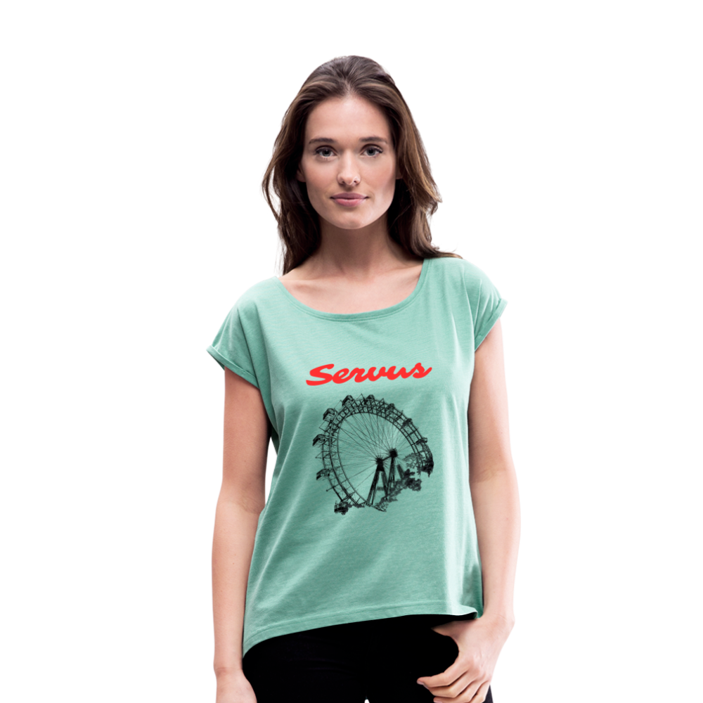Servus (dt. Hallo) in rot & Wiener Riesenrad in schwarz, Locker sitzendes Frauen T-Shirt - Minze meliert