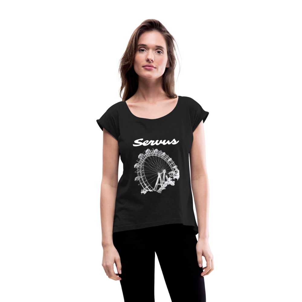 Servus (dt. Hallo) und Wiener Riesenrad in weiß, Lockeres Frauen T-Shirt - Schwarz
