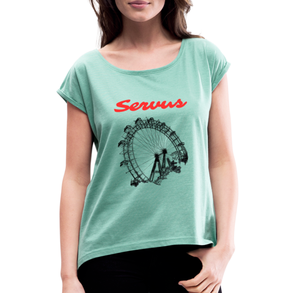 Servus (dt. Hallo) in rot & Wiener Riesenrad in schwarz, Locker sitzendes Frauen T-Shirt - Minze meliert