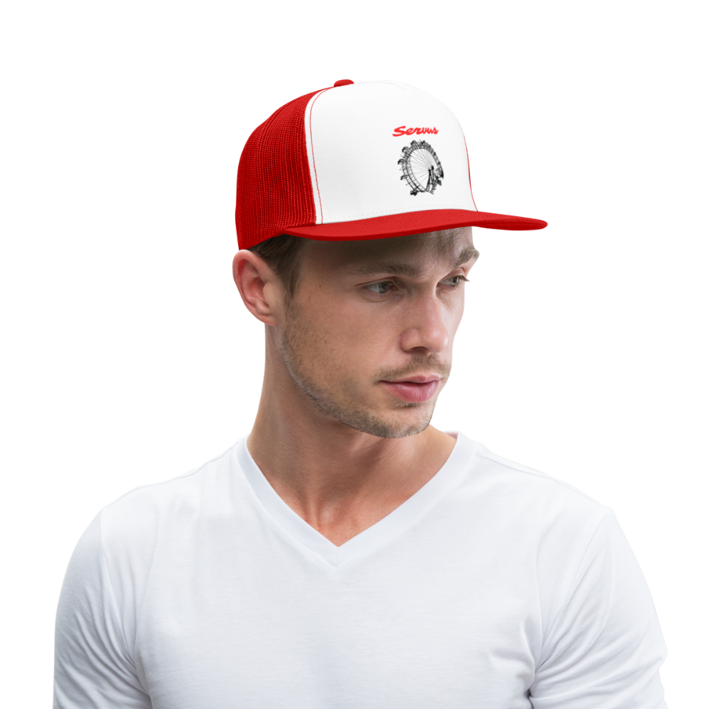 Servus (dt. Hallo) in rot & Wiener Riesenrad in schwarz, Trucker Cap/ Kapperl - Weiß/Rot