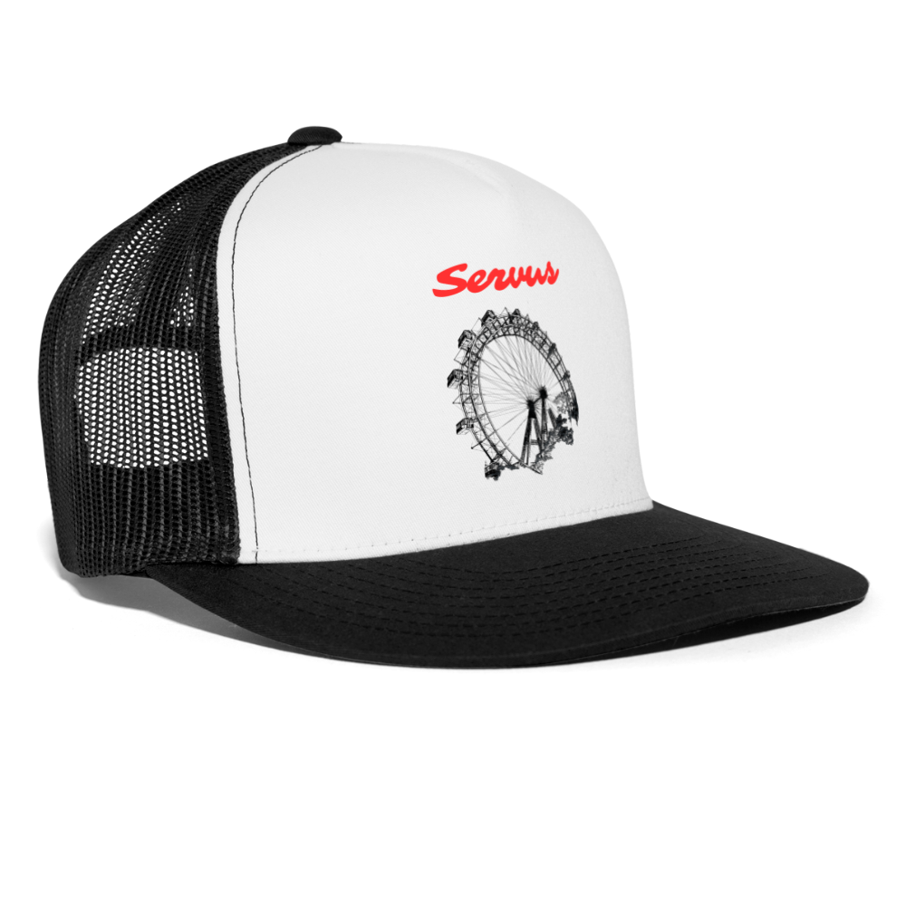 Servus (dt. Hallo) in rot & Wiener Riesenrad in schwarz, Trucker Cap/ Kapperl - Weiß/Schwarz