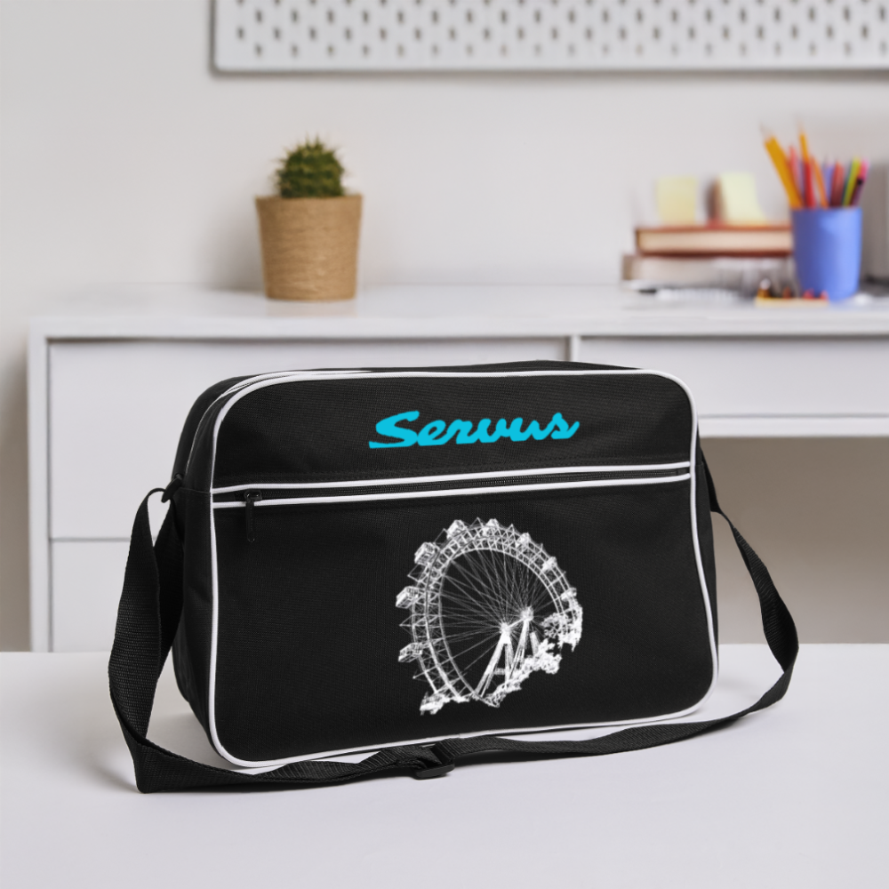 Servus in aquablau & Wiener Riesenrad in weiß, Retro Tasche - Schwarz/Weiß