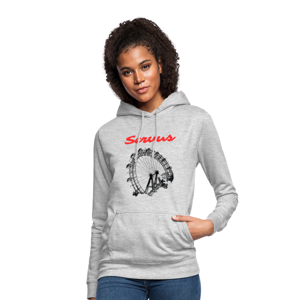Servus (dt. Hallo) in rot & Wiener Riesenrad in schwarz, Taillierter Frauen Hoodie/ Kapuzenpullover - Hellgrau meliert