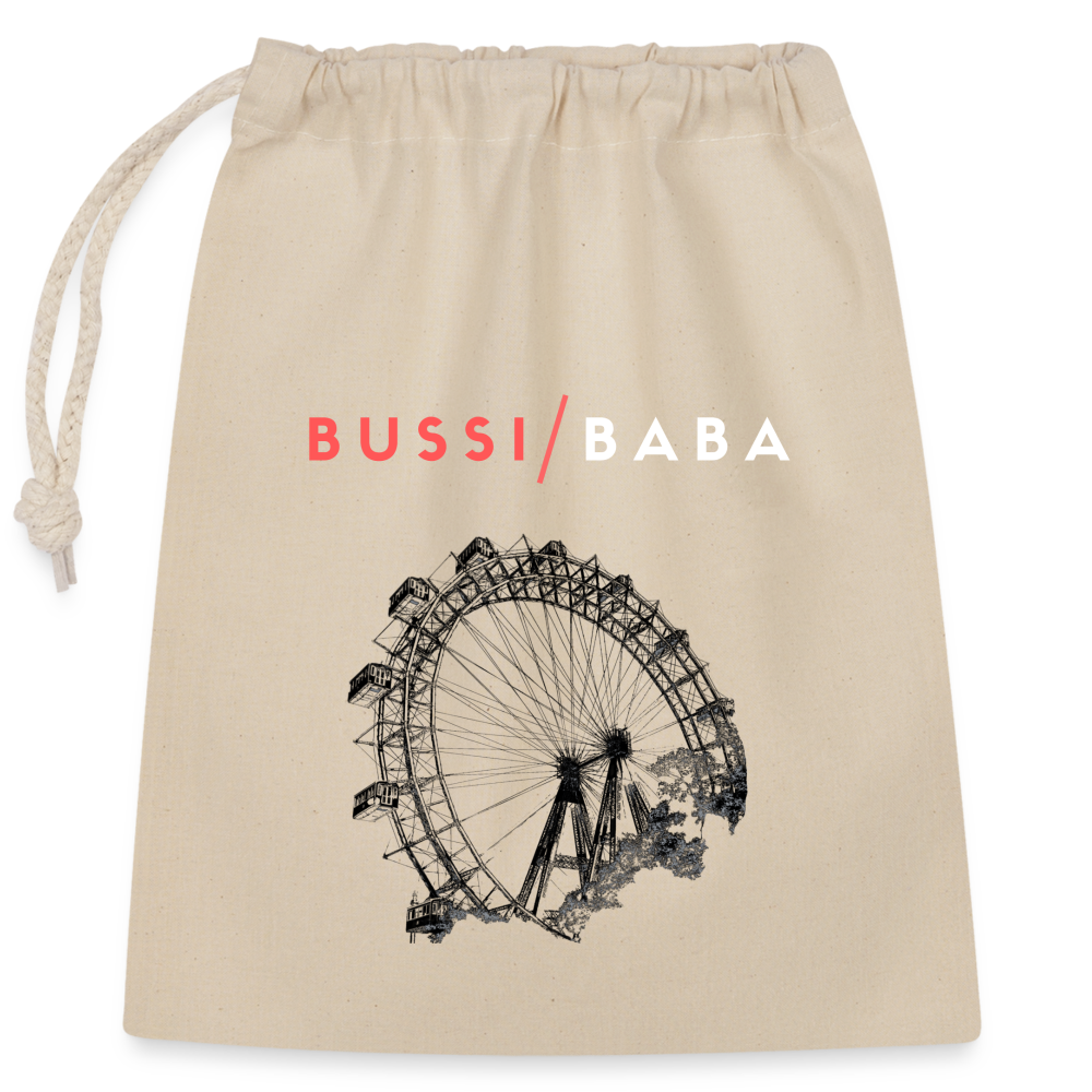 Bussi Baba korallenrot - Wiener Riesenrad in schwarz, Verschließbares Geschenksackerl (dt. Geschenkbeutel) aus Baumwolle (25x30cm) - Natur