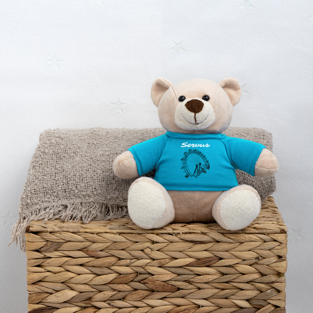 Servus (dt. Hallo) in weiß und Wiener Riesenrad in schwarz, Teddy - Atollblau
