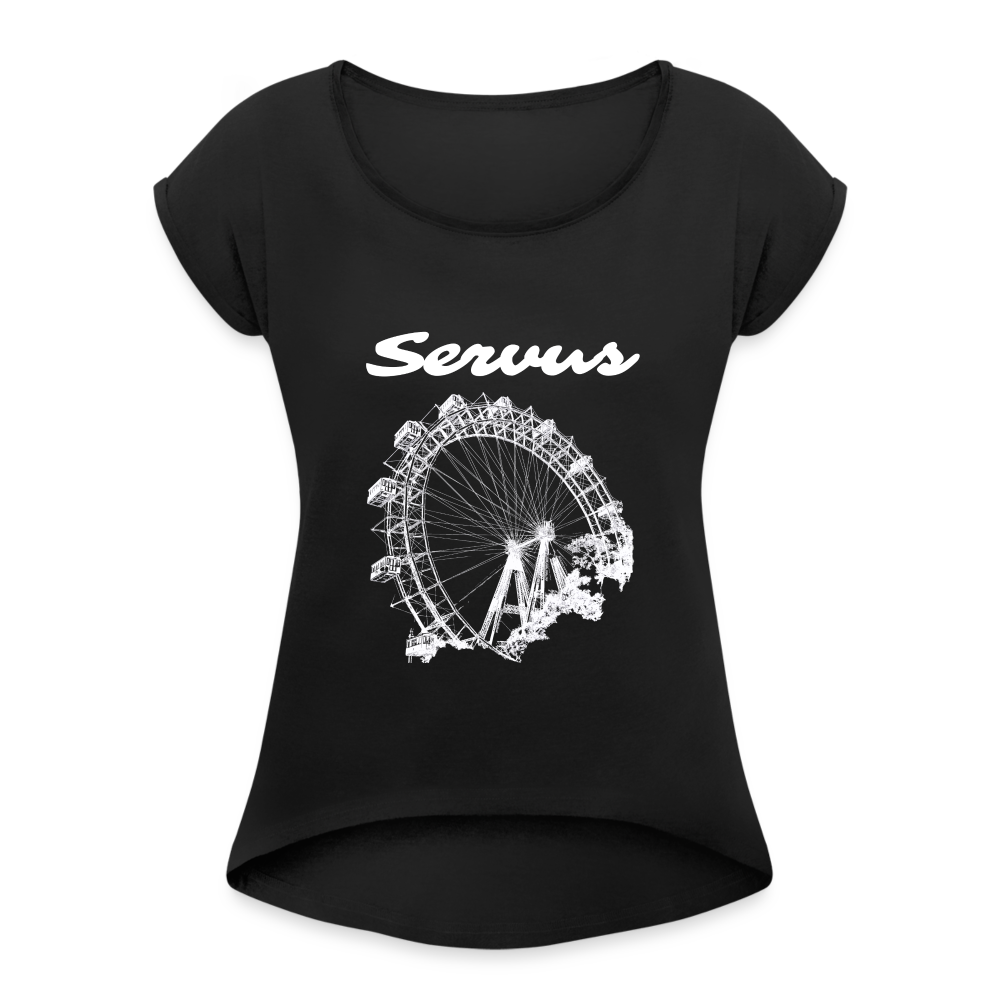 Servus (dt. Hallo) und Wiener Riesenrad in weiß, Lockeres Frauen T-Shirt - Schwarz