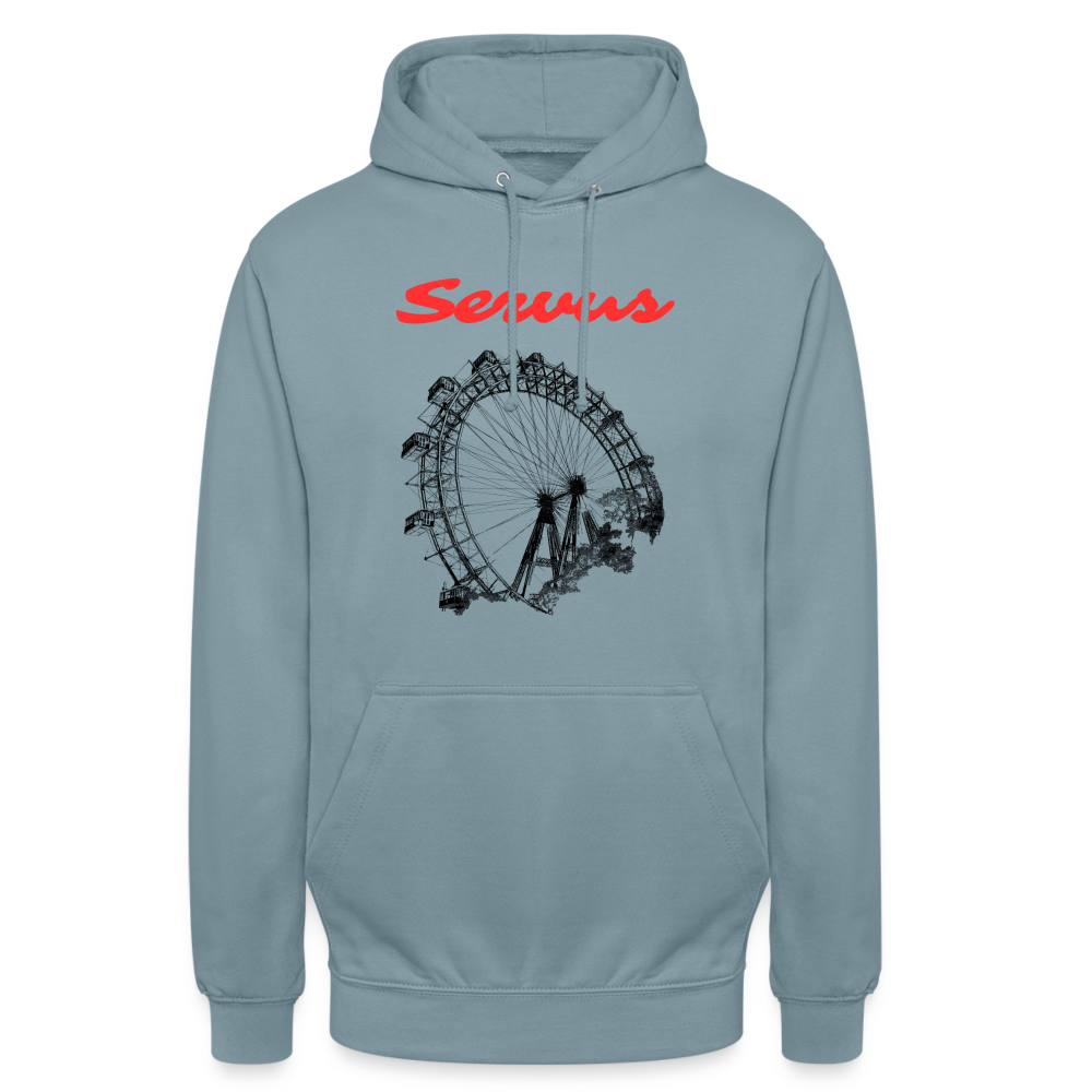 Servus (dt. Hallo) in rot & Wiener Riesenrad in schwarz, Hoodie/ Kapuzenpulli - Nebelblau