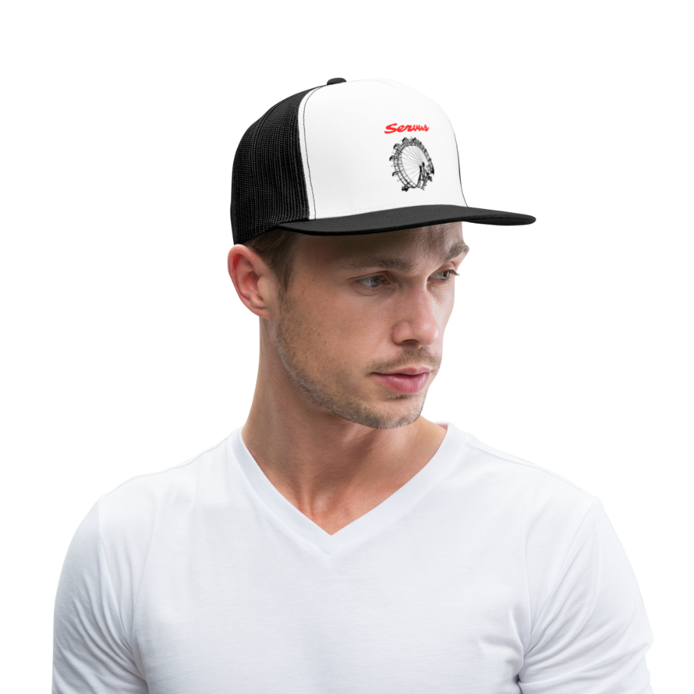 Servus (dt. Hallo) in rot & Wiener Riesenrad in schwarz, Trucker Cap/ Kapperl - Weiß/Schwarz
