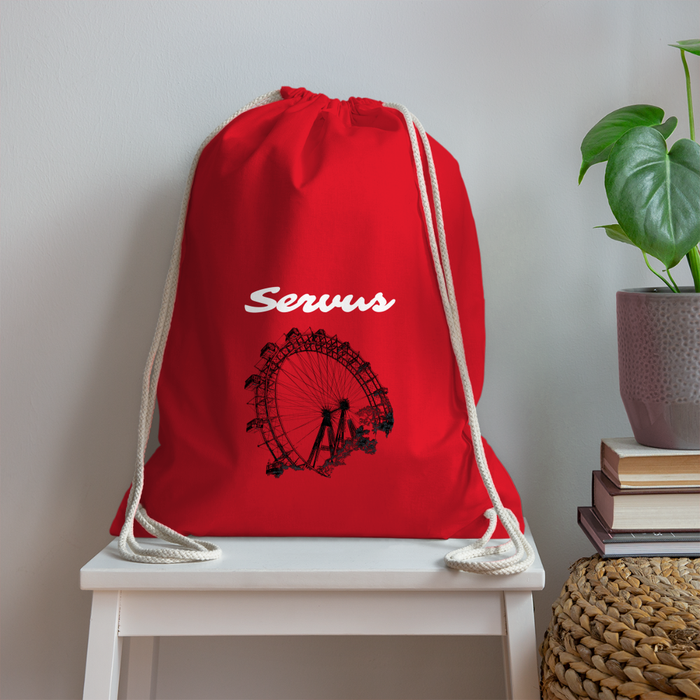 Servus (dt. Hallo) in weiß & Wiener Riesenrad in schwarz, Gym/ Beach Bag - Turnsackerl (dt. Turnbeutel) - Rot