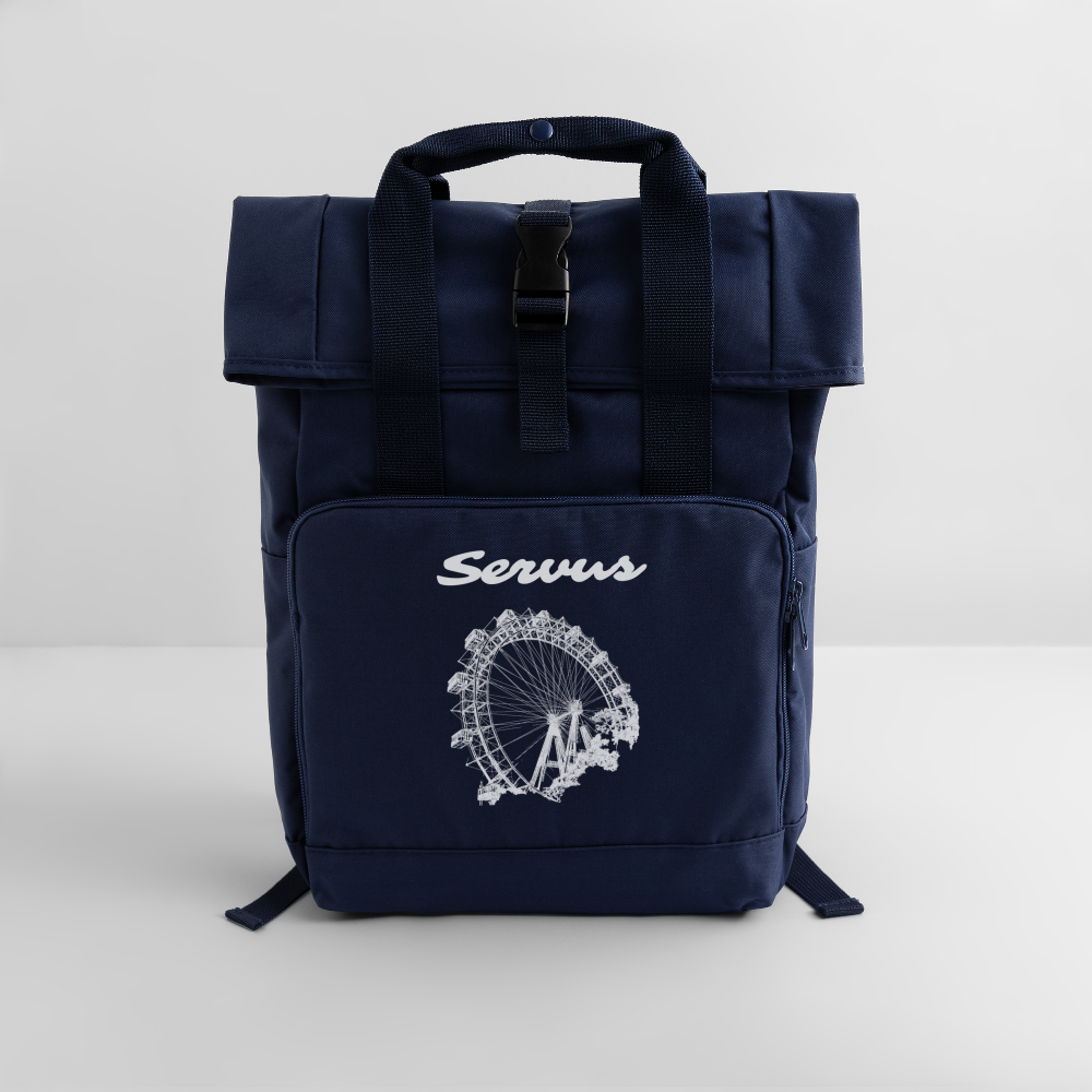 Servus (dt. Hallo) & Wiener Riesenrad in weiß, Rucksack mit Tragerl (dt. Griffen zum Tragen) - Navy