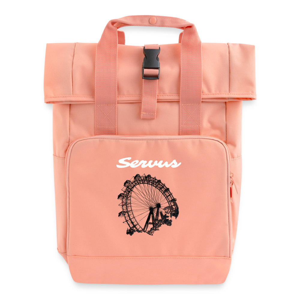 Servus (dt. Hallo) in weiß & Wiener Riesenrad in schwarz-dunkelgrau, Rucksack mit Tragerl (dt. Griffen zum Tragen) - Chintzrosa