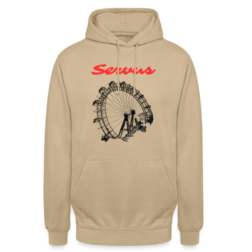 Servus (dt. Hallo) in rot & Wiener Riesenrad in schwarz, Hoodie/ Kapuzenpulli - Beige